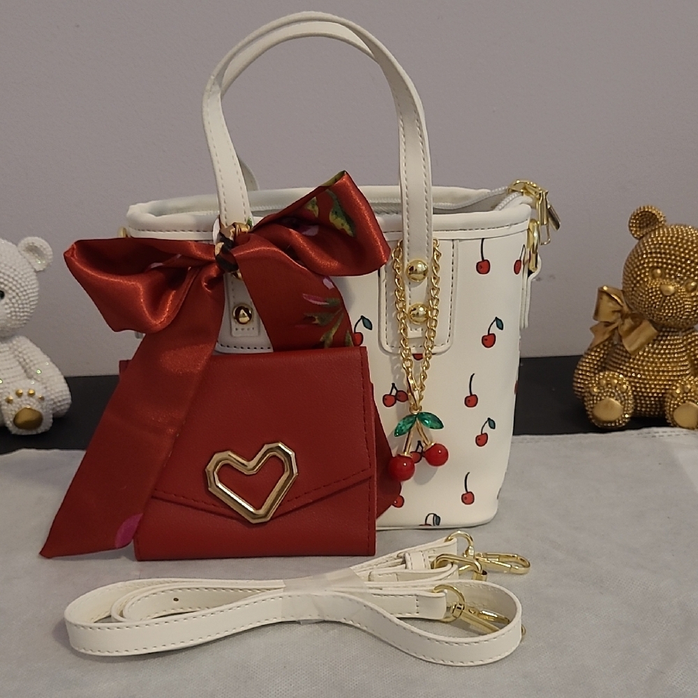 Cherry Print White and Red Handbag Set